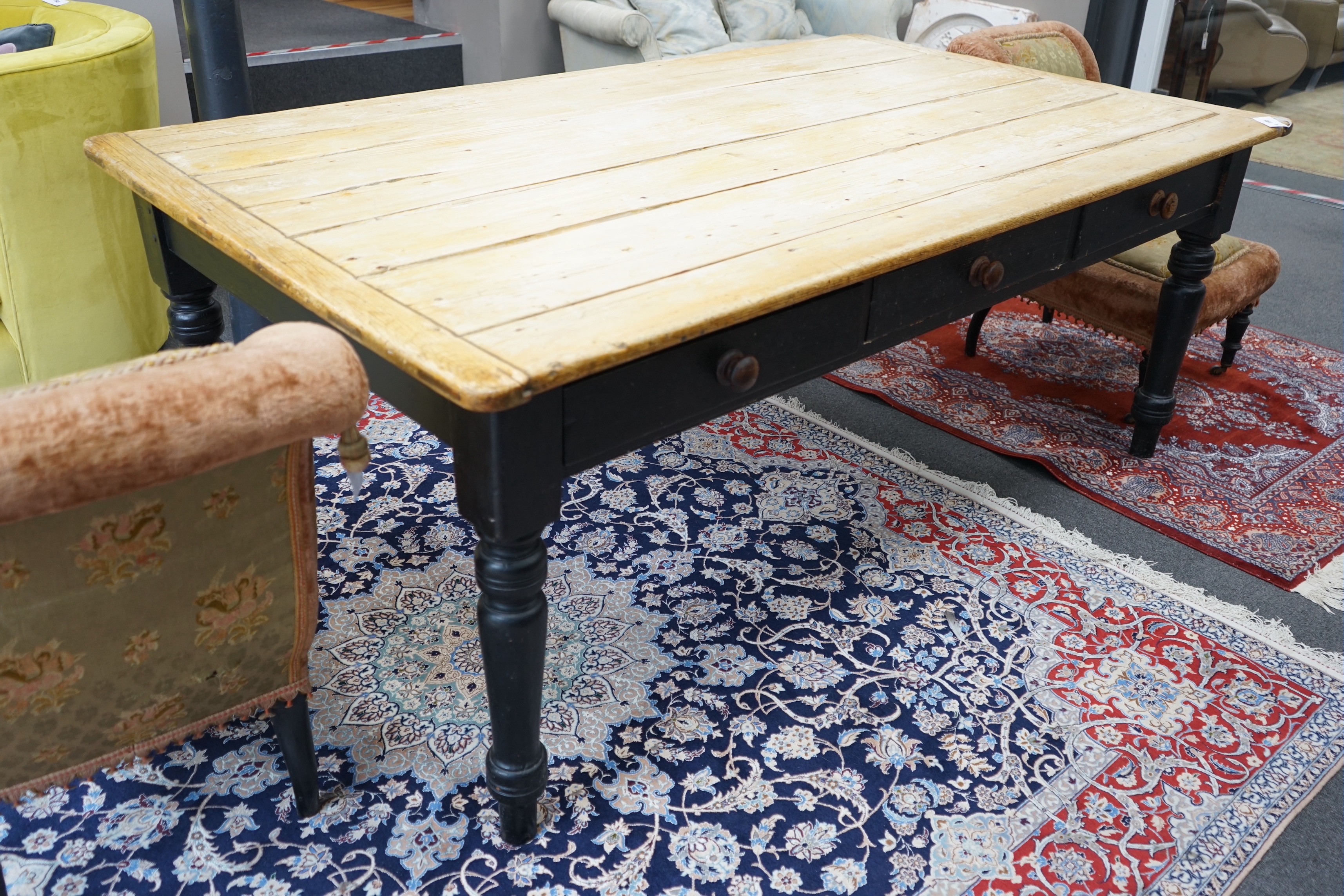 A Victorian rectangular part painted pine three drawer kitchen table, with scrubbed planked top, length 195cm, depth 112cm, height 79cm